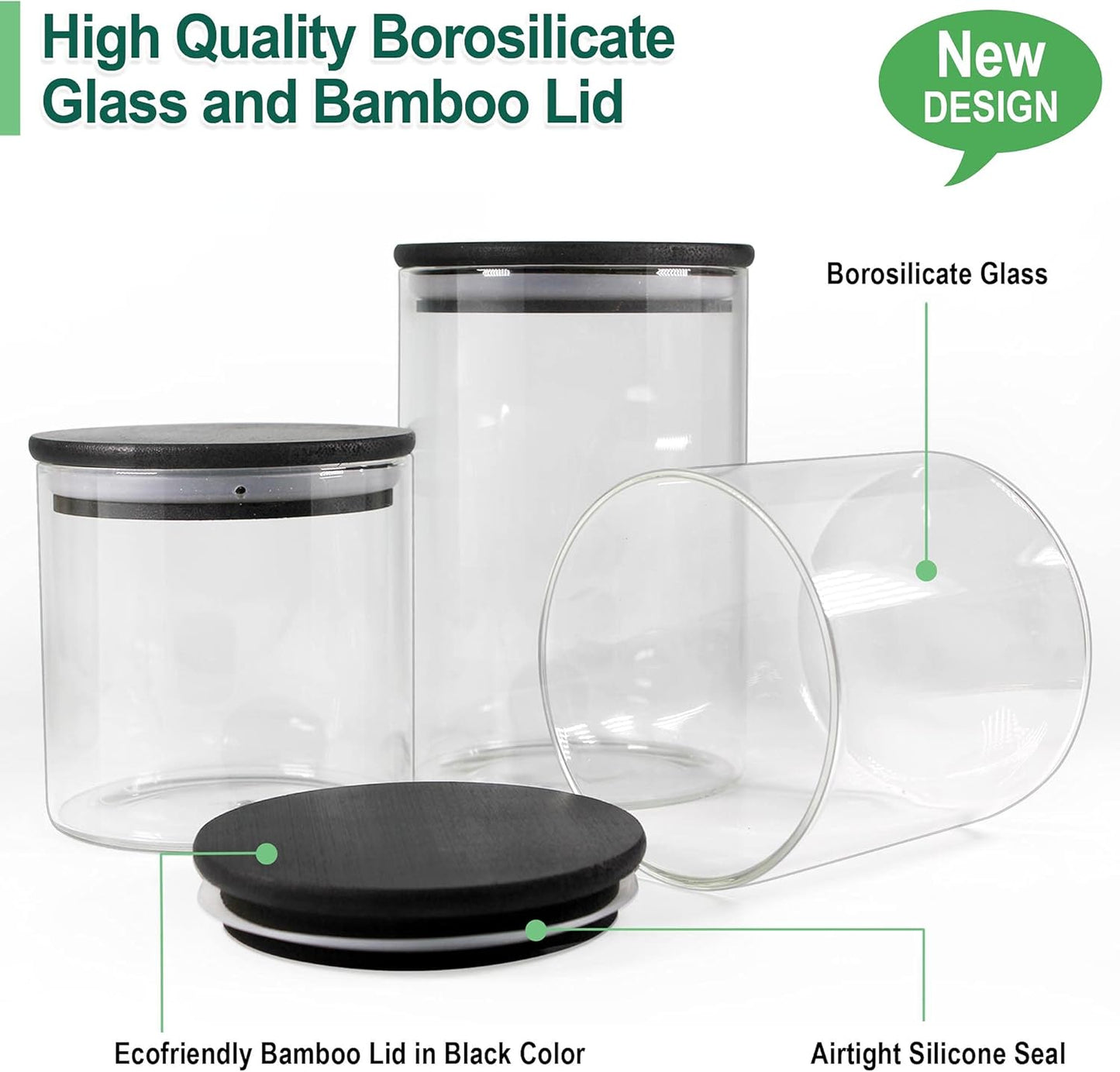Glass Jars with Black Bamboo Lids, Food Storage Containers with Airtight Black Lids