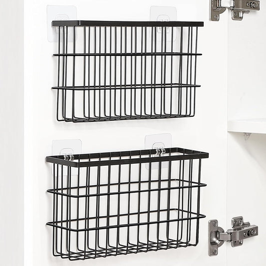 2 Pack Cabinet Door Organizer,Self Adhesive Lid Organizers Inside Cabinet Storage Boxes,Hanging Storage Basket Organizer Wall Mounted Pantry Caddy Cup Holder for Kitchen,Fridge,Bathroom