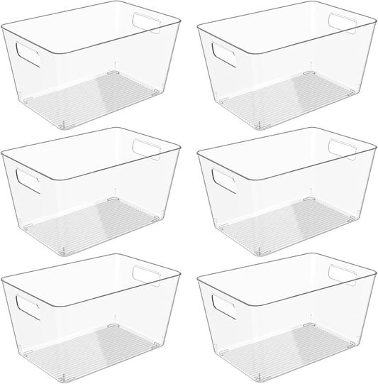 6 Pack Clear Plastic Storage Bins, 11" Large Pantry Organizer Bins with Handles