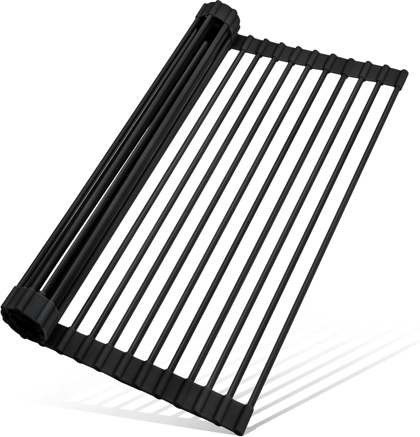 Roll Up Dish Drying Rack Silicone Wrapped Over The Sink Dish Drying Rack Multipurpose Foldable Sink Drying Mat Anti-Slip & Anti-Rust Dish Rack for Kitchen, 17.5" x 13", Black