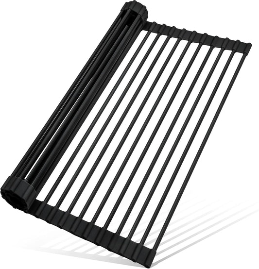 Roll Up Dish Drying Rack Silicone Wrapped Over The Sink Dish Drying Rack Multipurpose Foldable Sink Drying Mat Anti-Slip & Anti-Rust Dish Rack for Kitchen, 17.5" x 13", Black