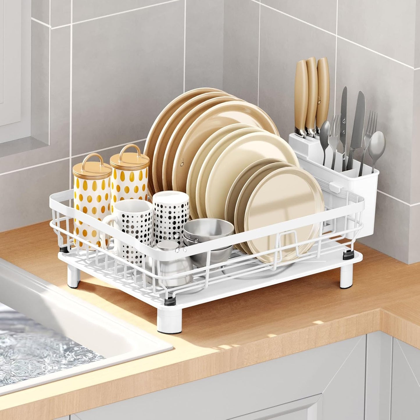 Dish Drying Rack Over The Sink Drainer with Drainboard Utensil Holder, 1-Tier White