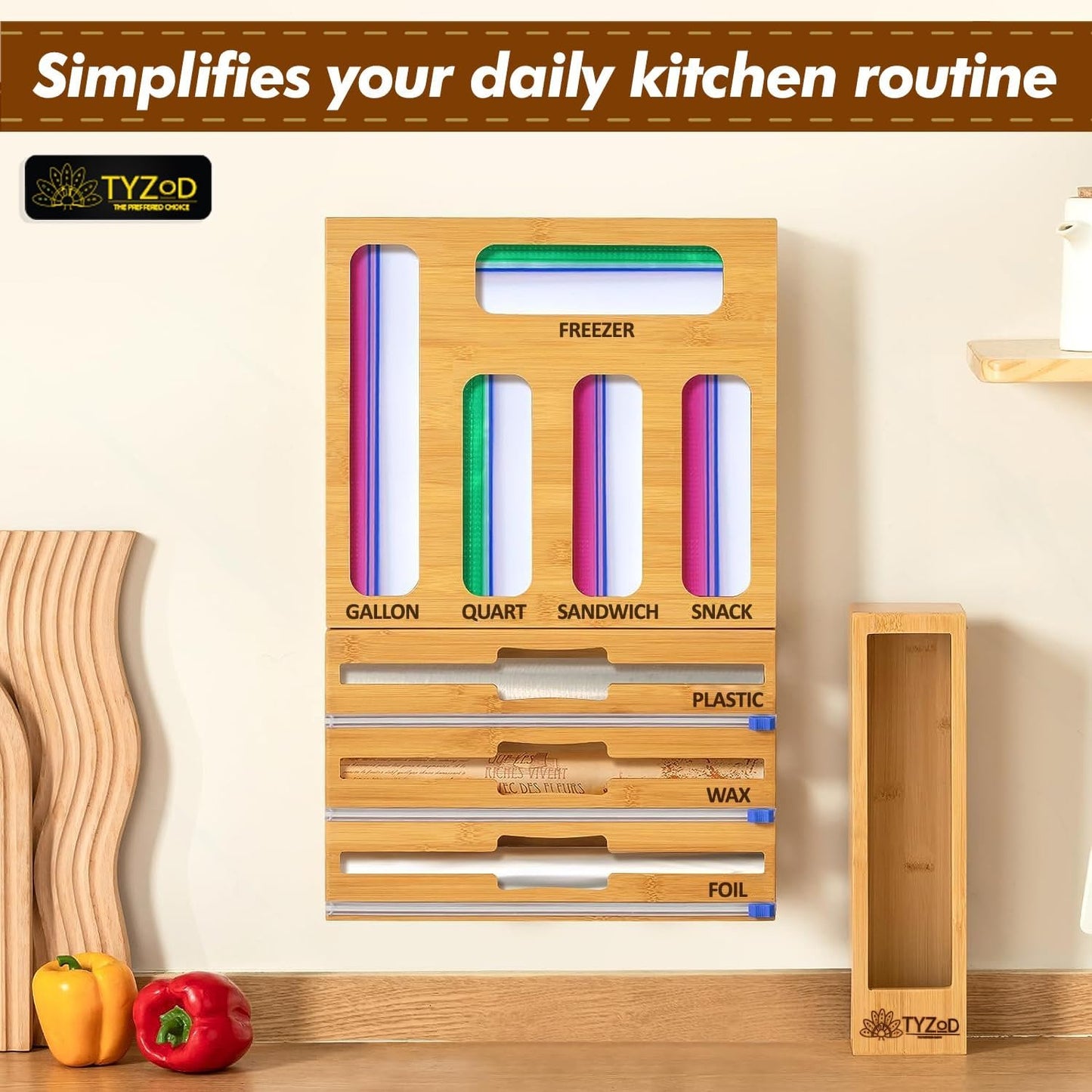 9-in-1 Bamboo Storage Bag Organizer with Cutter, Kitchen Drawer & Wall Mount Storage for Foil