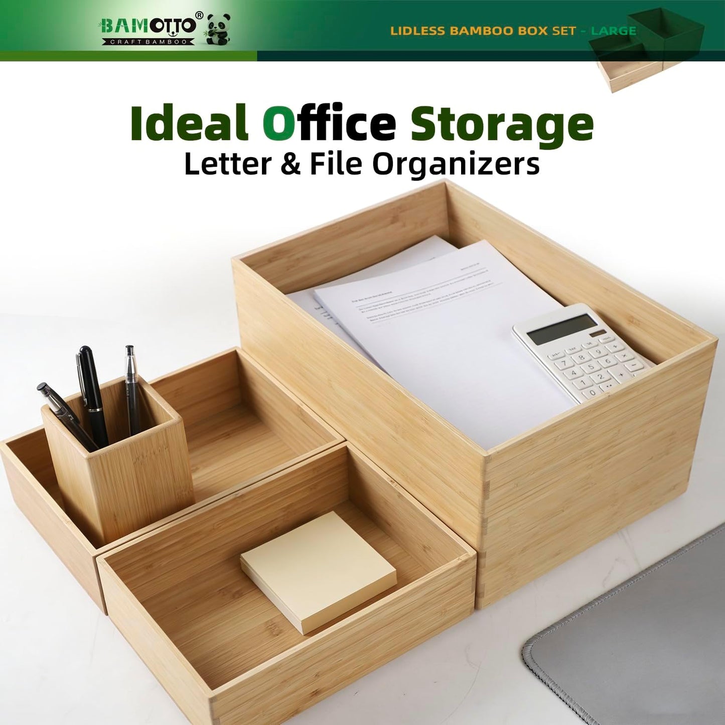 3-Piece Large Bamboo Storage Box Set - 7.1in High Stackable Deep-Drawer Organizer