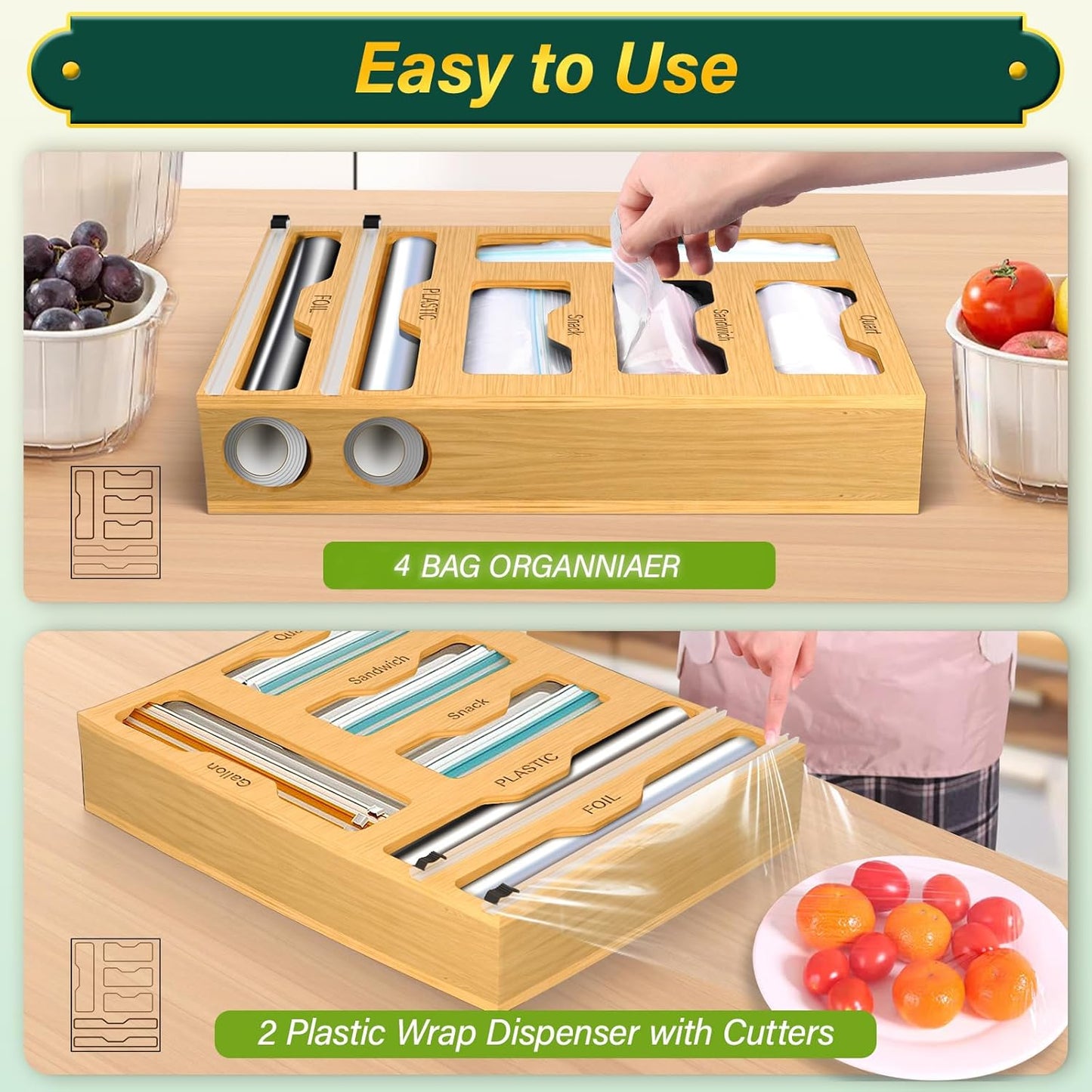 Bag Organizer and Plastic Wrap Dispenser with Cutter