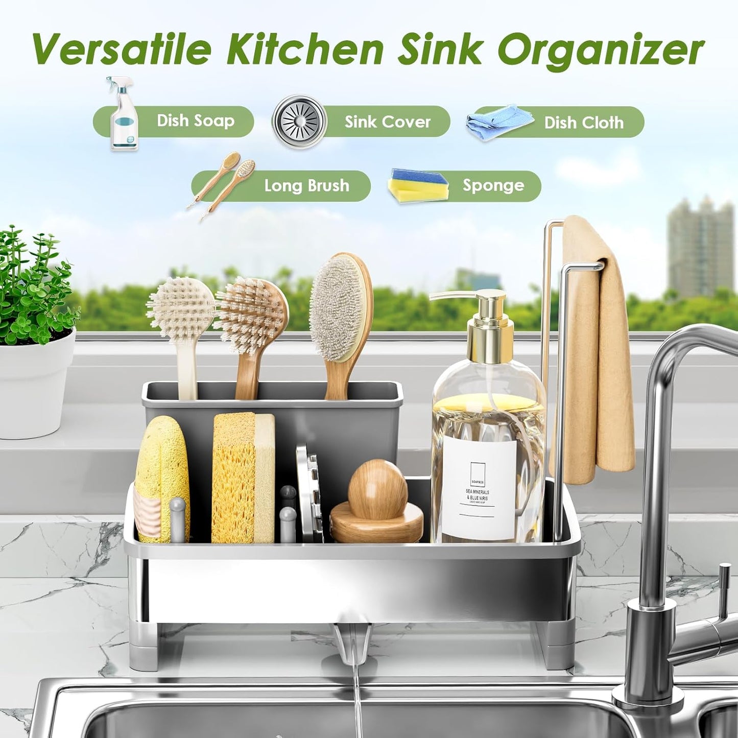 Stainless Steel Sink Caddy, Sponge Holder for Kitchen Sink with Brush Holder Dishcloth Rack