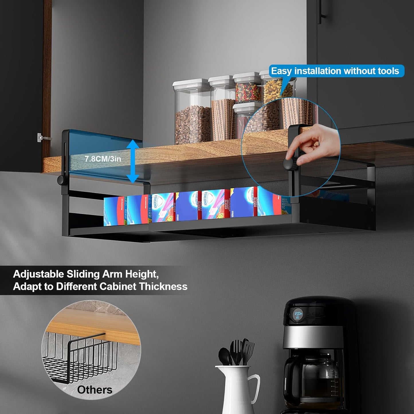 2Pack Under Shelf Basket Organizer, Adjustable Under Cabinet Shelf Storage