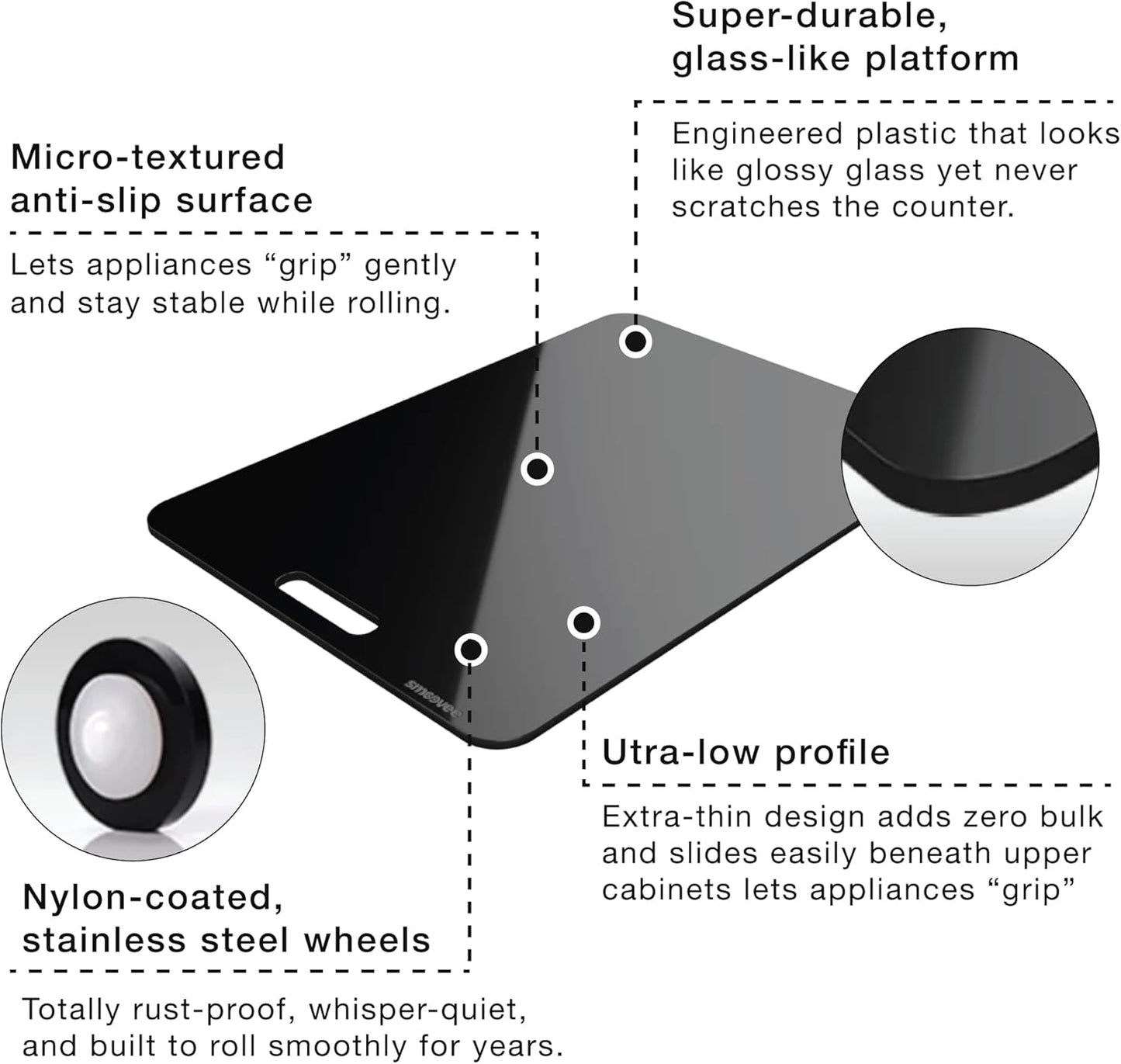 Smoovee - Sliding Surface - Asaf Black 12.99 x 18.11 inch, Appliance Rolling Tray for Kitchen Appliances – 360° Wheels, Stainless Steel Hubs, Easy‑Clean Durable Tray