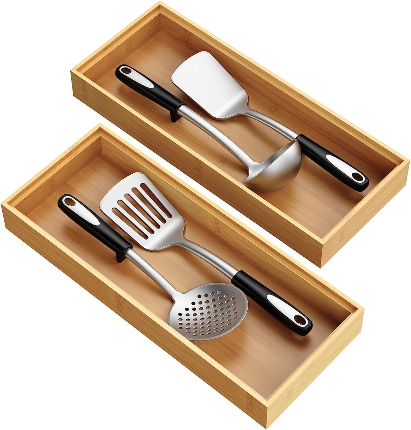 Bamboo Drawer Organizer, Stackable Utensil Trays for Kitchen, Wood Silverware Organizer for Drawer