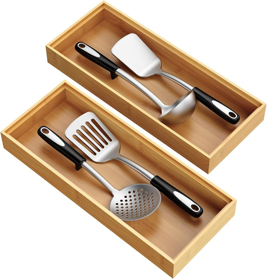 Bamboo Drawer Organizer, Stackable Utensil Trays for Kitchen, Wood Silverware Organizer for Drawer