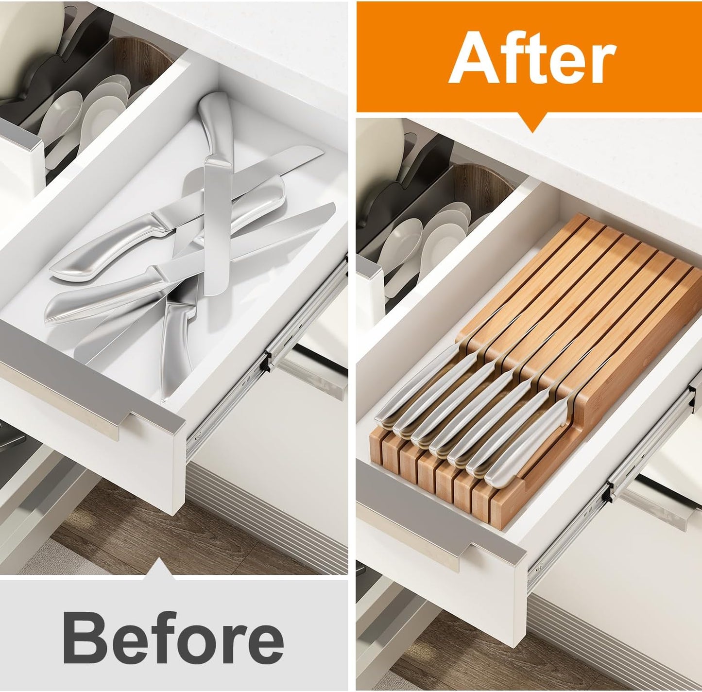 In-Drawer Bamboo knife block,Drawer Knife Storage Steak Knife Holder Without Knives,Holds up to 7 Knives(Not Include)