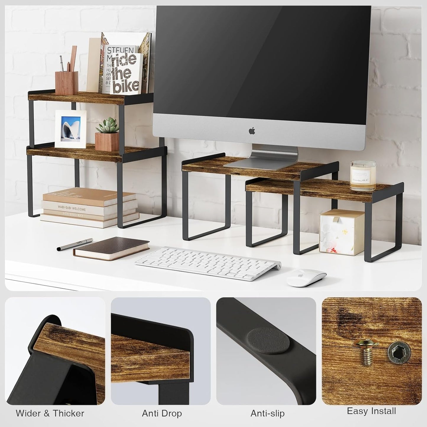 Kitchen Cabinet Organizers and Storage Shelves, Rustic Farmhouse Desk Shelf Riser for Cabinets