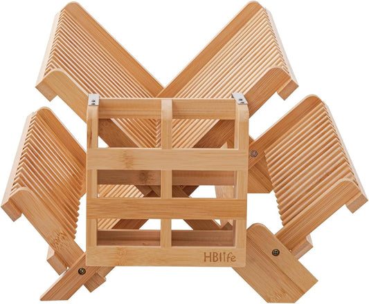 Bamboo Dish Drying Rack with Utensils Flatware Holder Set