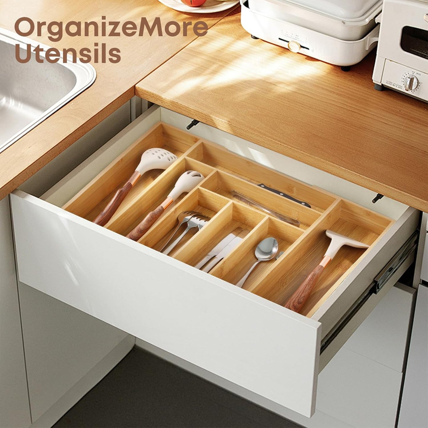 Bamboo Drawer Organizer Expandable Silverware Organizer