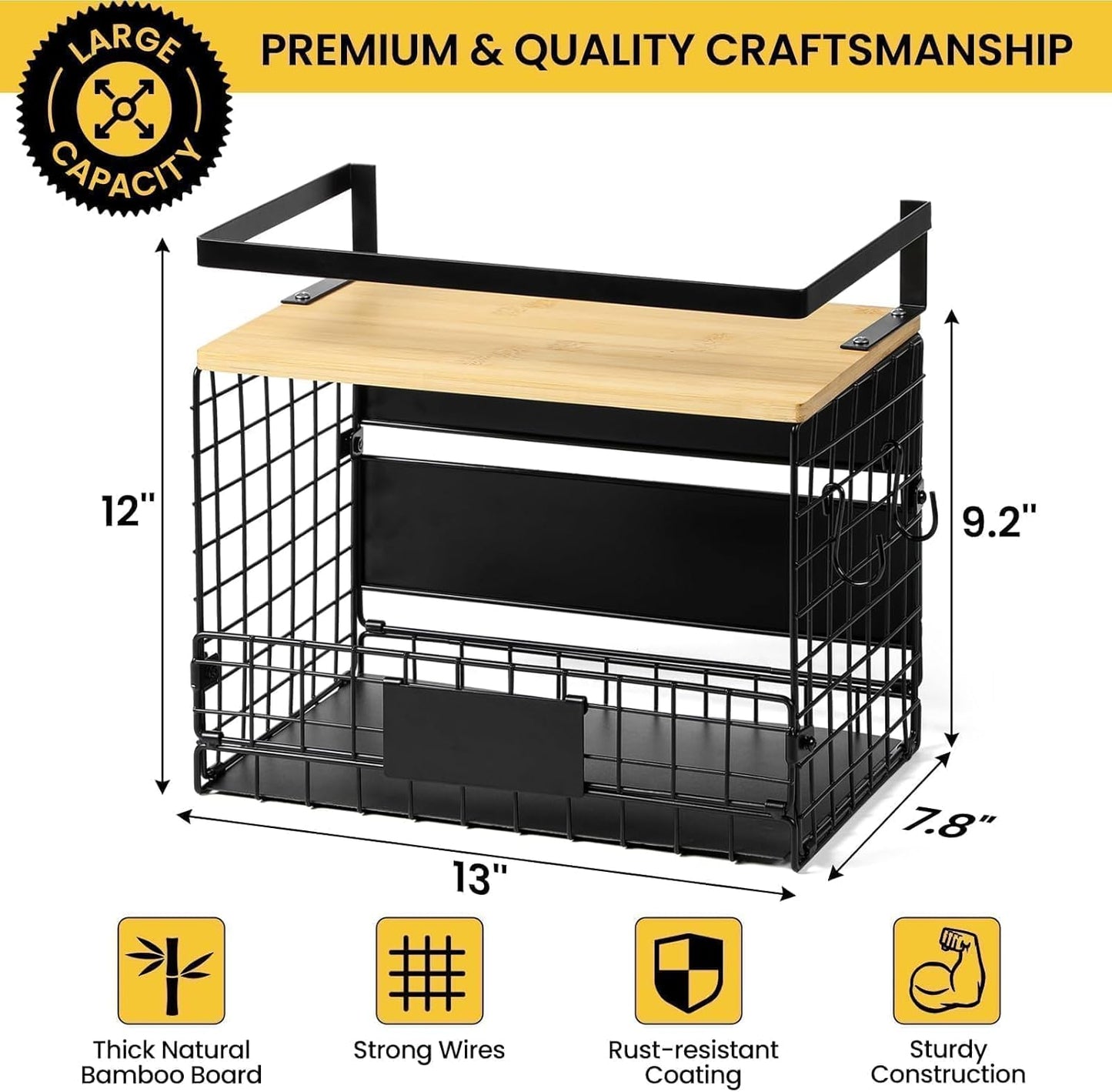 [WIDER SHELF] 1 SET Strong Magnetic Shelf Basket for Fridge with Tag & Bamboo Top
