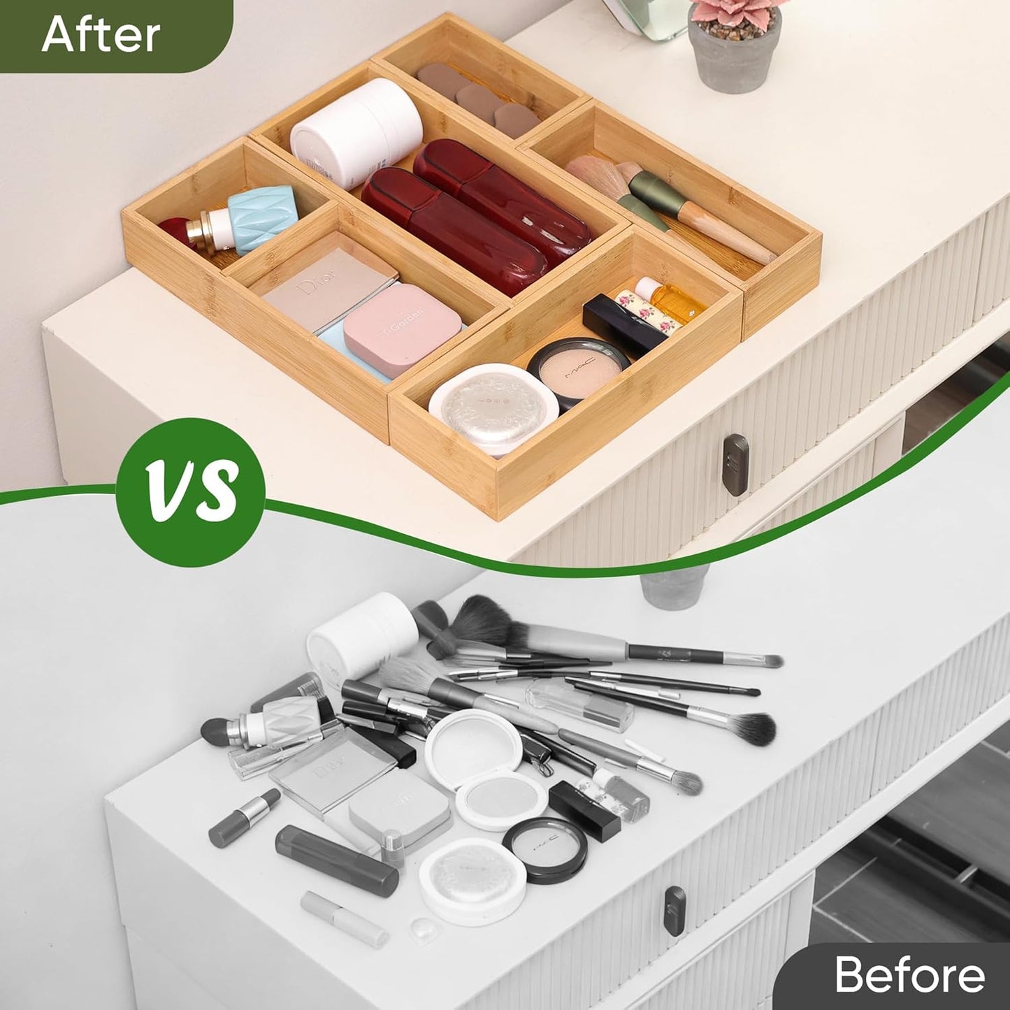 Bamboo Drawer Organizers Set, 3PCS Multi-Use Wood Storage Organizers, Desk Drawer Tray for Kitchen