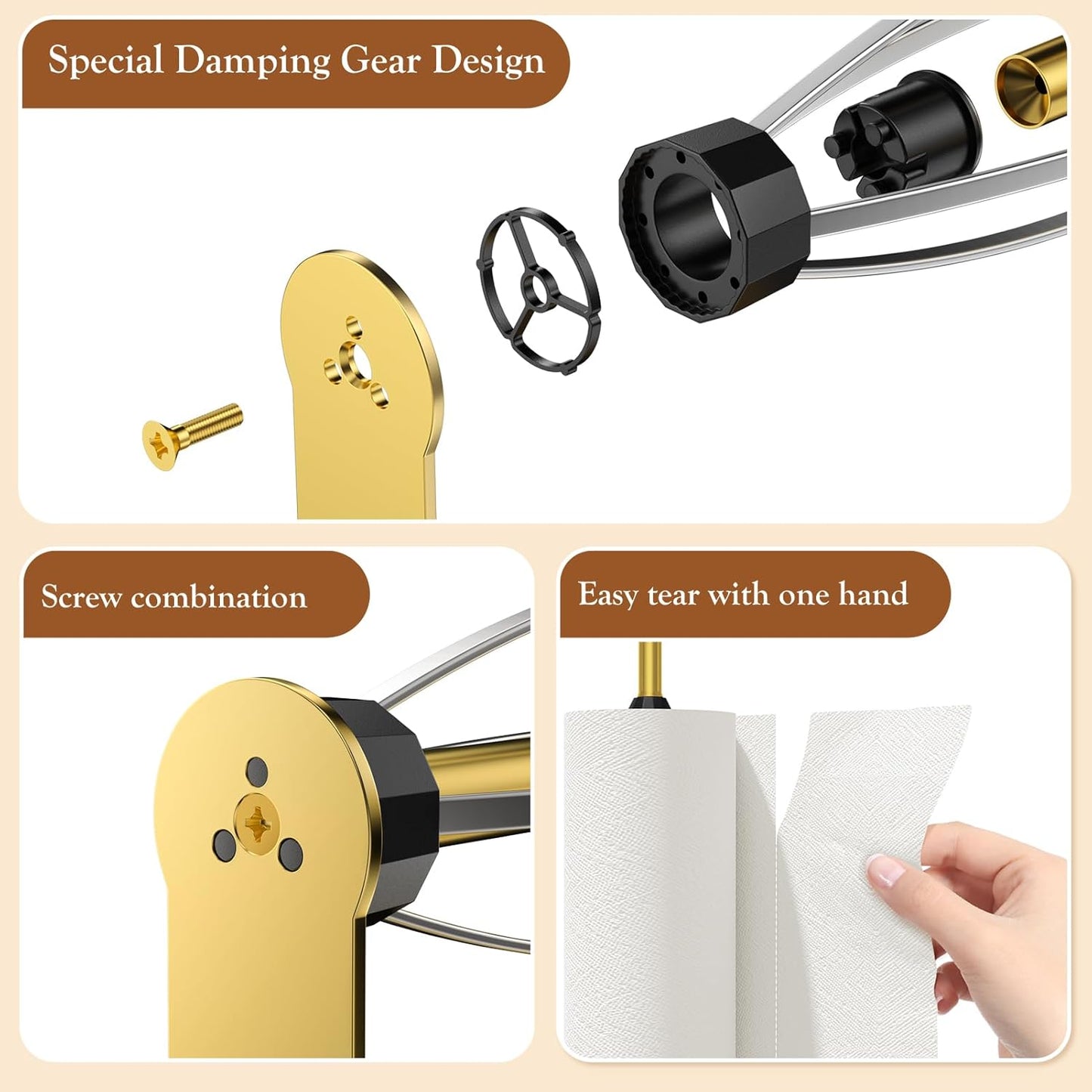 Paper Towel Holder Under Cabinet with 2 Hooks, Paper Towel Holder Wall Mount with Damping Effect