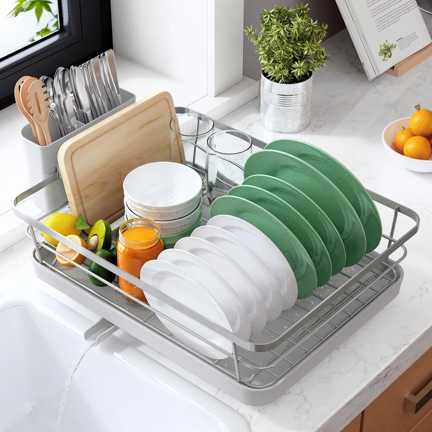 Dish Drying Rack for Kitchen Counter, Stainless Steel Sink Organization and Storage Essentials with Cutlery Holder, Home and Appartment Decor, 12''W x 15.5''L, Silver Grey