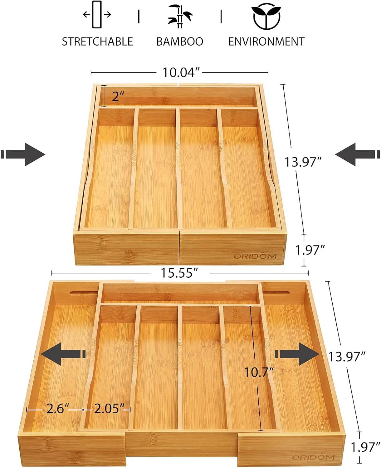 Expandable Bamboo Kitchen Drawer Organizer for Cutlery and Utensils