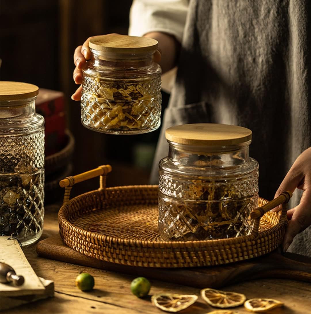 Glass Storage Jars Vintage Embossed Canisters Food Cereal Storage Containers with Bamboo Lid