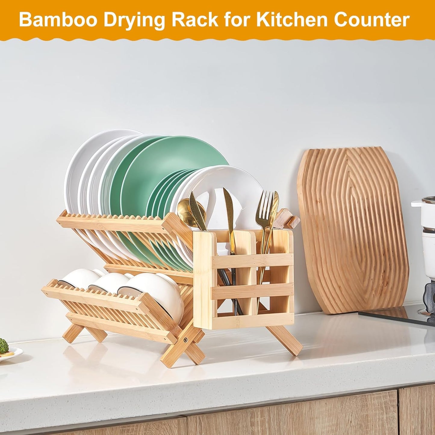 Bamboo Dish Drying Rack, 2 Tier Collapsible Dish Rack with Utensil Holder