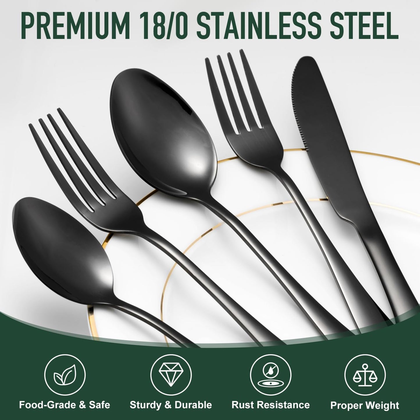 21-Piece Modern Black Silverware Set with Organizer Tray Stainless Steel Eating Utensil Sets Kitchen Knives Forks and Spoons Cutlery Set Heavy Duty Tableware Flatware Sets for 4, Dishwasher Safe