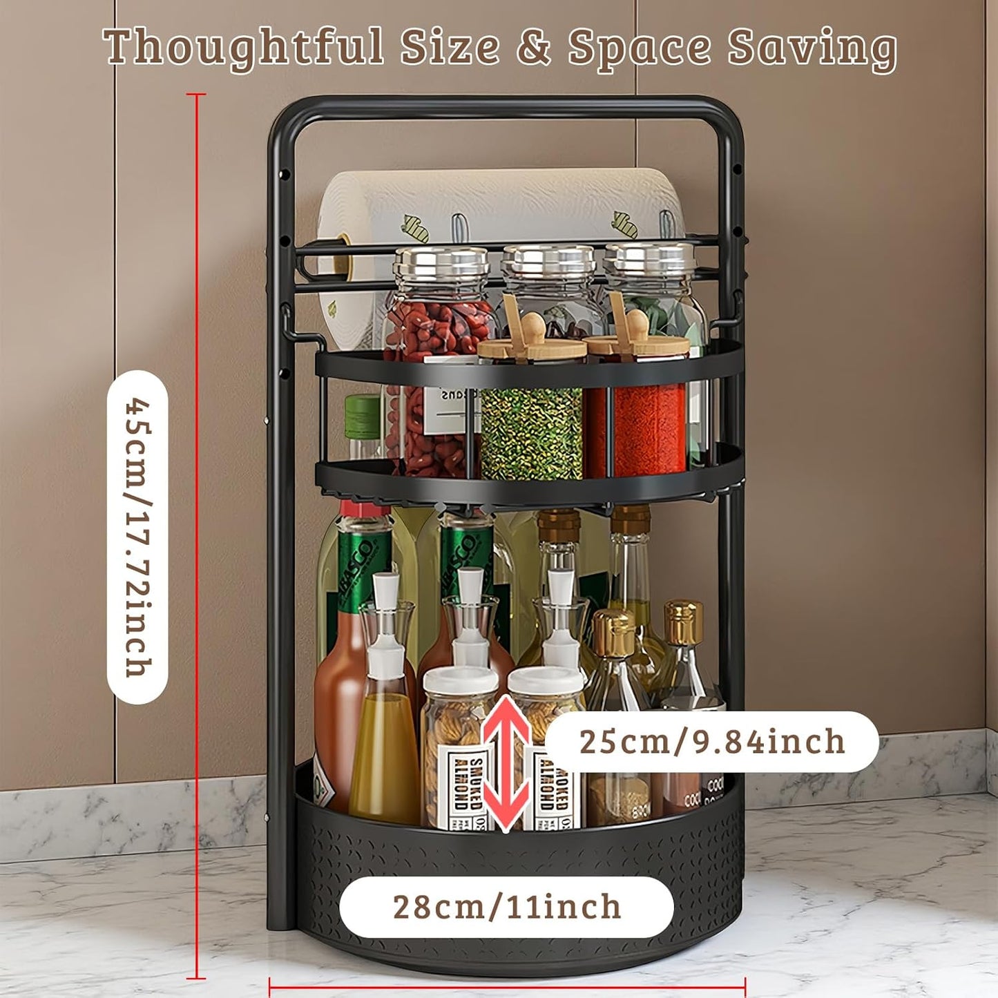 Rotating Spice Rack with Paper Towel Holder, 2 Tier Turntable Lazy Susan