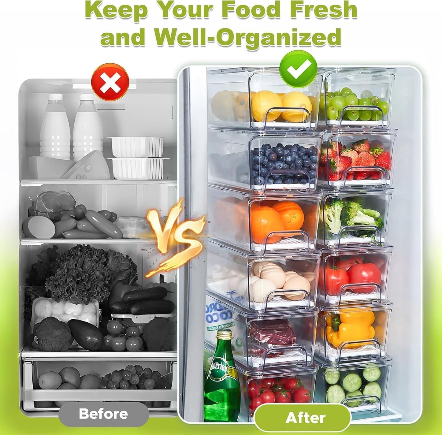 6-Pack Fridge Drawer Organizer, Pull-out Stackable Refrigerator Organizers and Storage