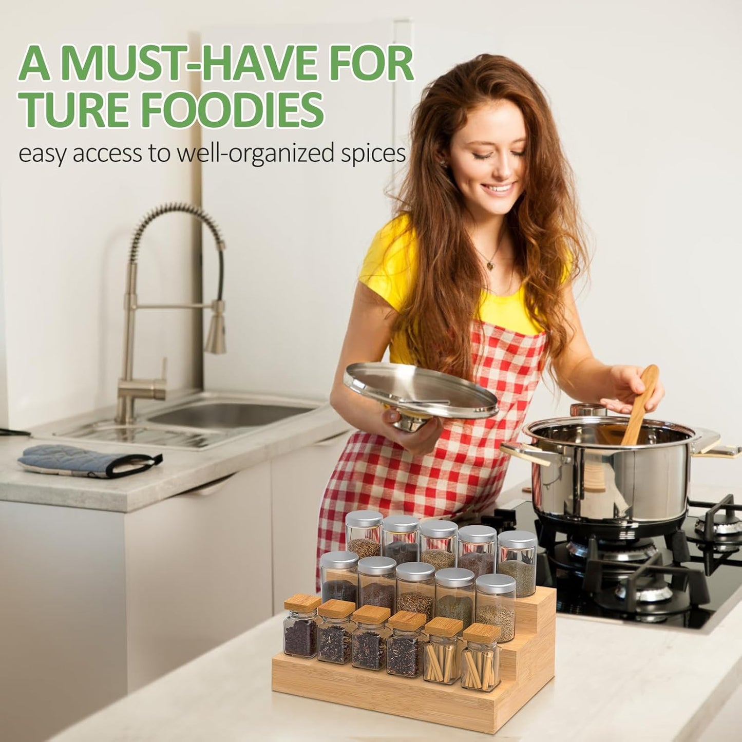 2 Pack Bamboo Spice Rack Organizer for Kitchen Counter