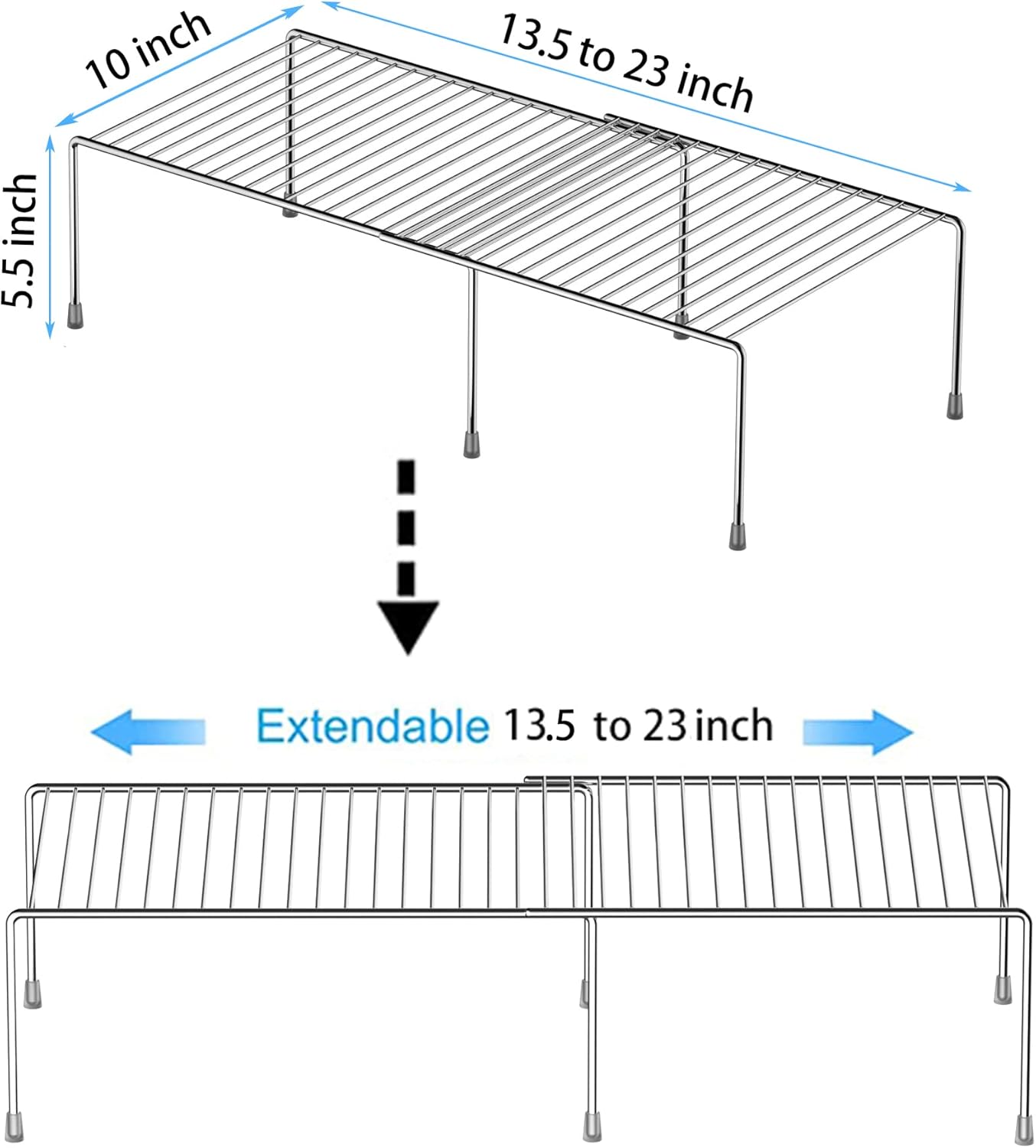 Expandable Metal Rustproof Kitchen Counter & Cabinet Shelf, Chrome, 1 Shelf, Modern Style