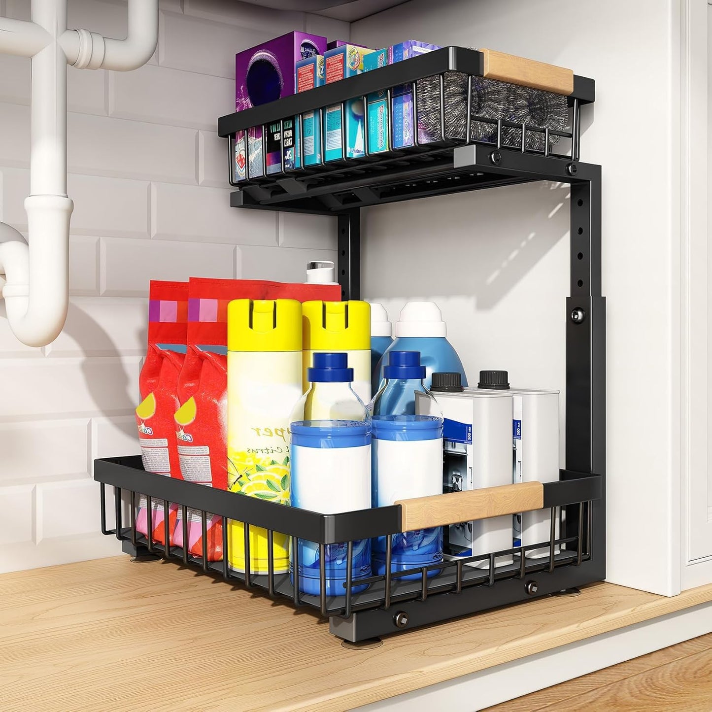 Under Sink Organizer, Adjustable Height, 2 Tier Pull Out Under Cabinet Organizer