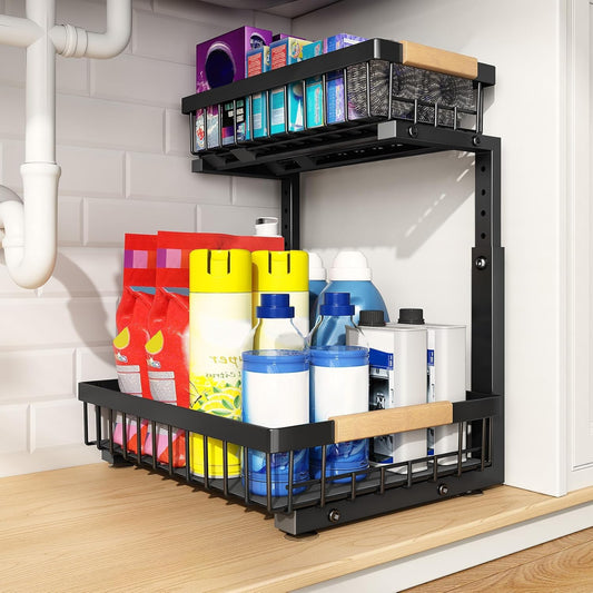 Under Sink Organizer, Adjustable Height, 2 Tier Pull Out Under Cabinet Organizer