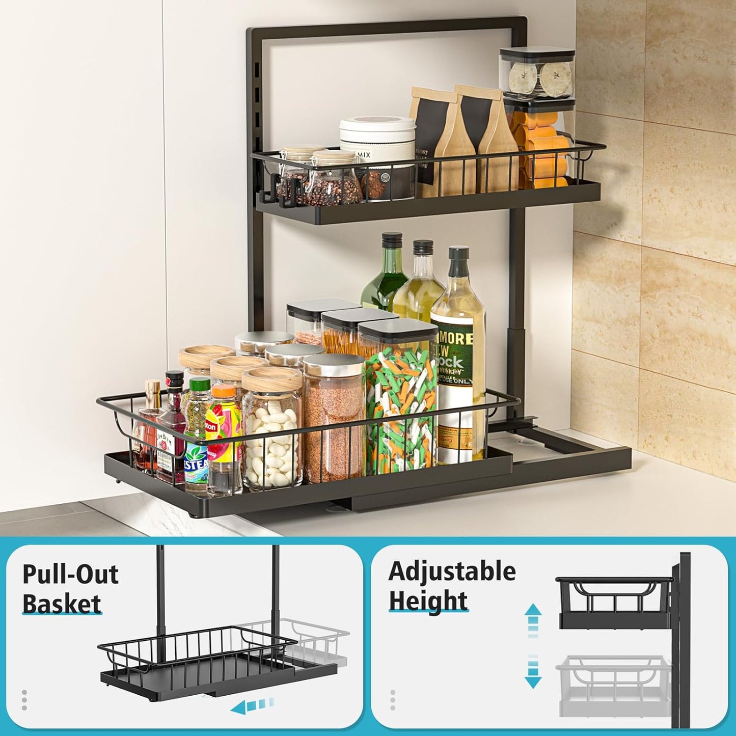 2 Pack Under Sink Organizer 2 Tier Slide Out Cabinet Organizer Under Sink Organizers and Storage for Kitchen Bathroom Pantry