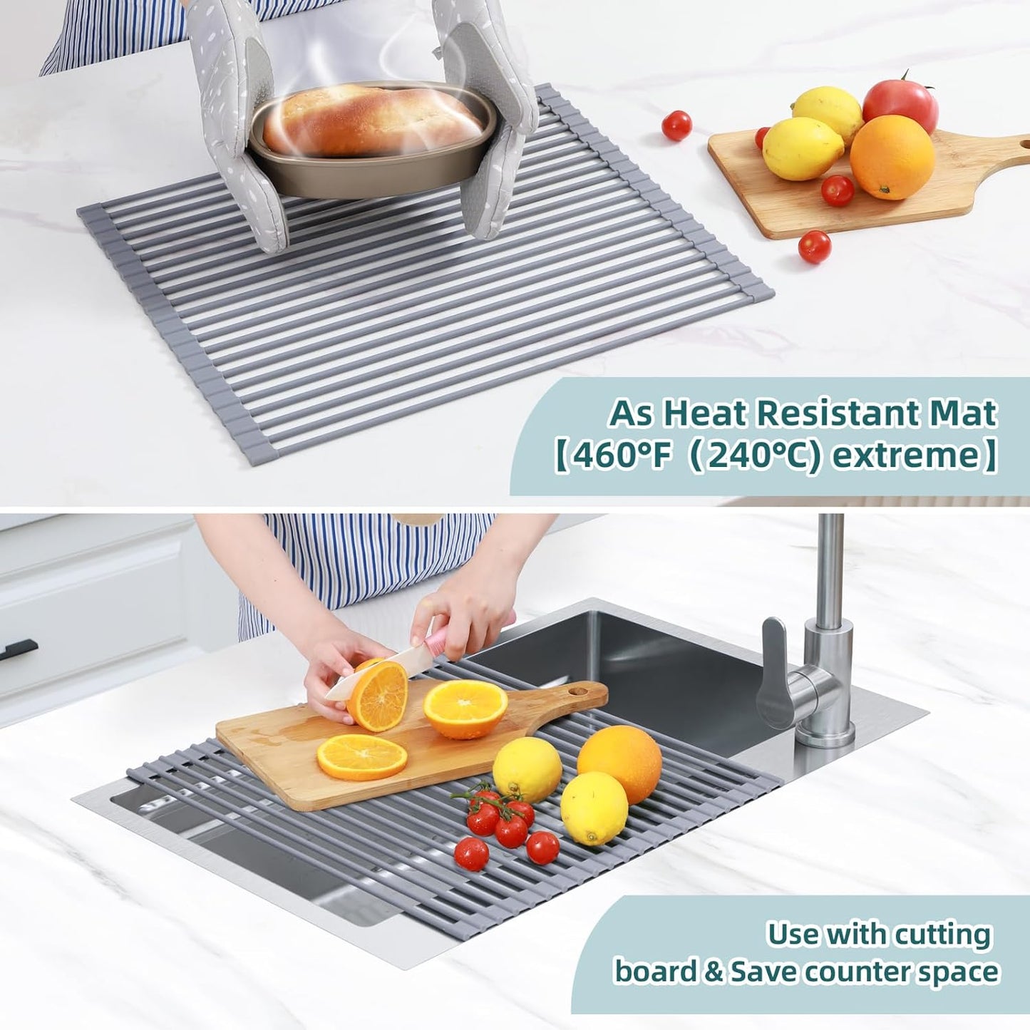 Over Sink Dish Drying Rack, Silicone Wrapped 17.6" W x 15.4" L Large Over The Sink Roll Up Dish Drainer - Foldable Sink Drying Rack Rolling Drain Mats Anti-Slip Multipurpose for Kitchen Counter