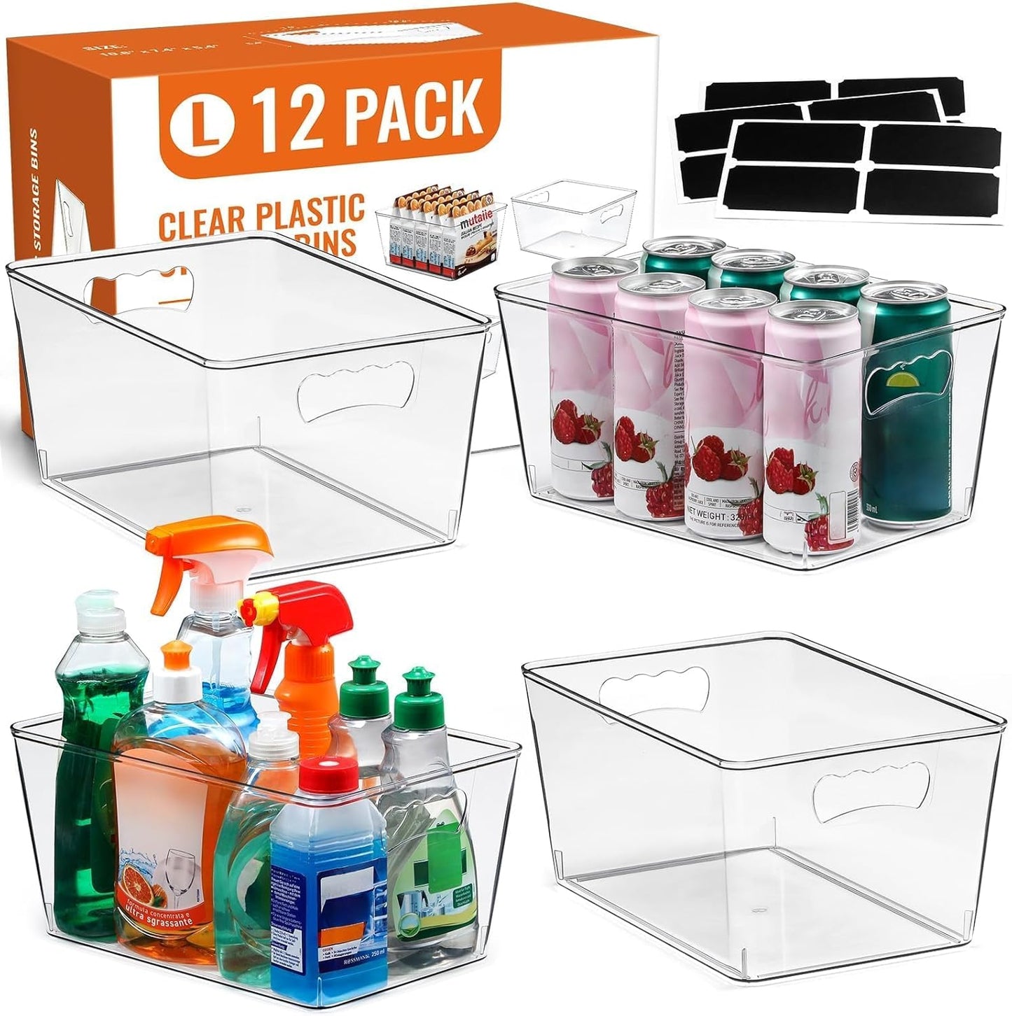 12 PACK LARGE Clear Storage Bins with Handles & Labels
