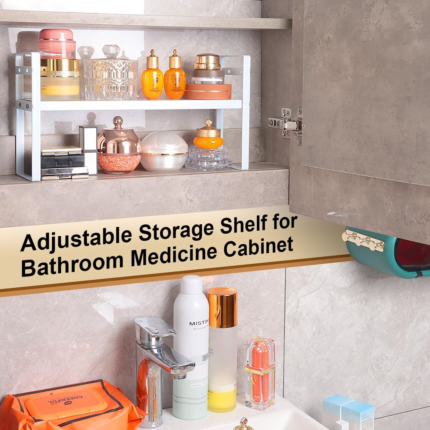 Small Expandable Medicine Cabinet Shelf, 3.58” Wide Metal Storage Stand with Adjustable Layers & Non-Slip Pads for Kitchen, Pantry, & Bathroom – White