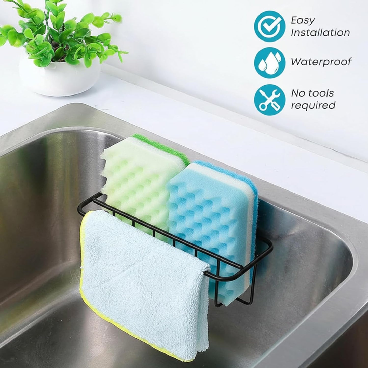 Adhesive Kitchen Sink Sponge Holder + Dish Cloth Hanger + Soap Holder, 2-in-1 Kitchen Sink Caddy