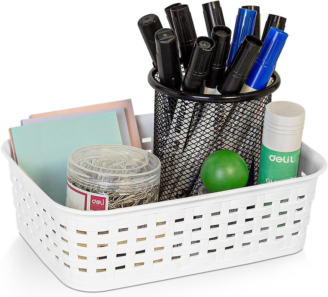 Plastic Storage Baskets for Cabinets, Household Pantry Organization with Handle,Organizer Bins for Room,Bathrooms,Under-Sink,Kitchen (White, XS-3PACK)