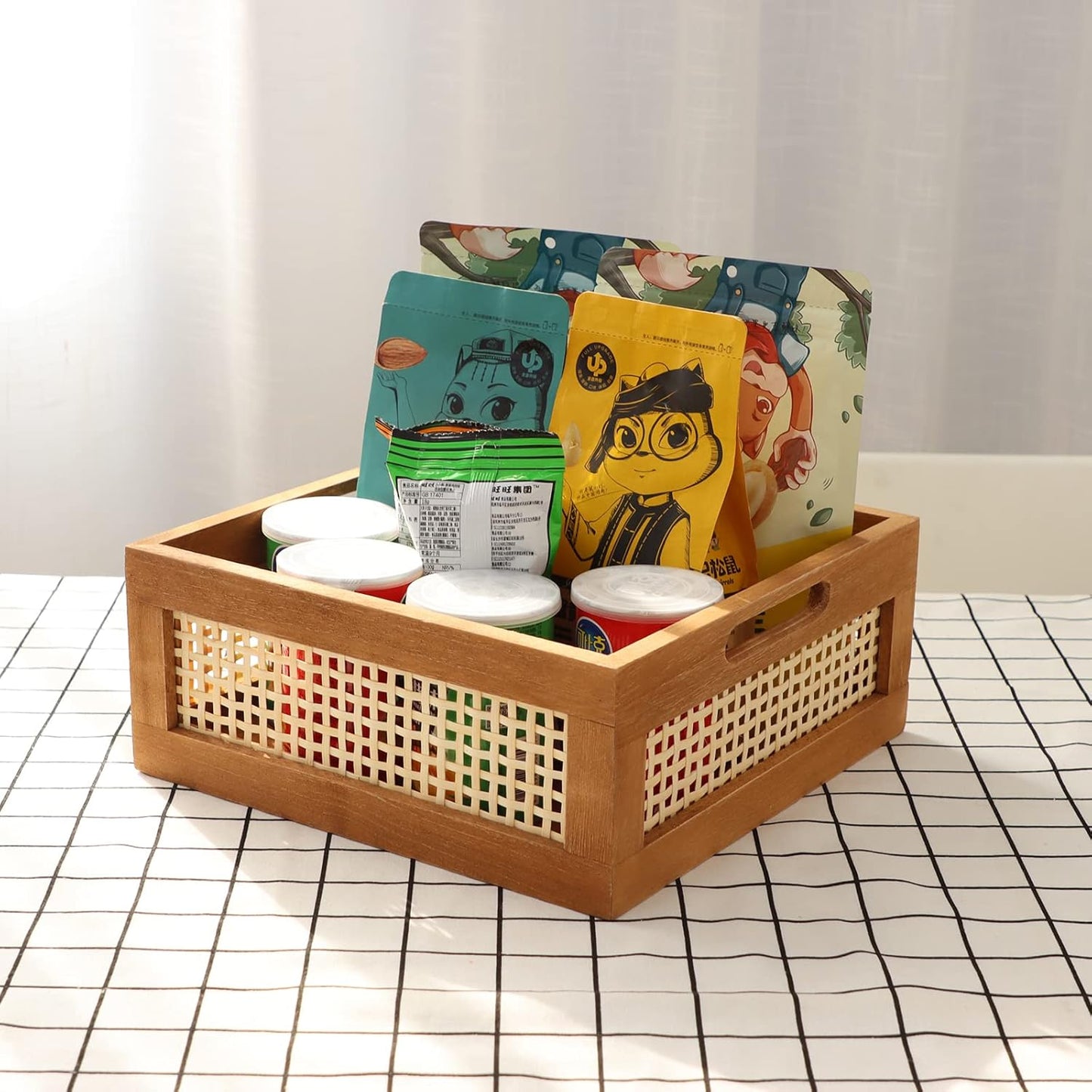 Woven Wooden Basket Wood Storage Crate Box, Bamboo Basket with Built-In Handles for Kitchen Pantry