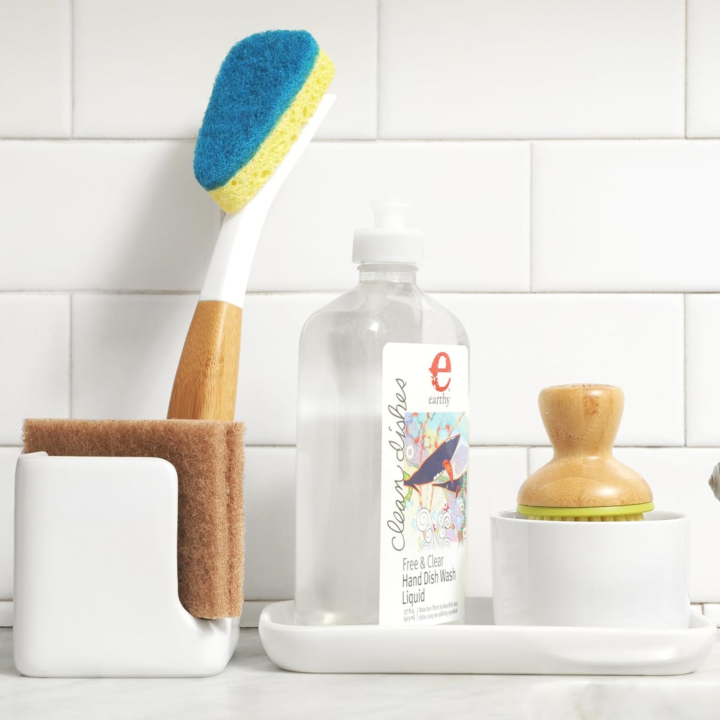 Stash, Ceramic Kitchen Sink Caddy, Stylish Sponge Holder & Dish Brush Organizer, Easy to Clean