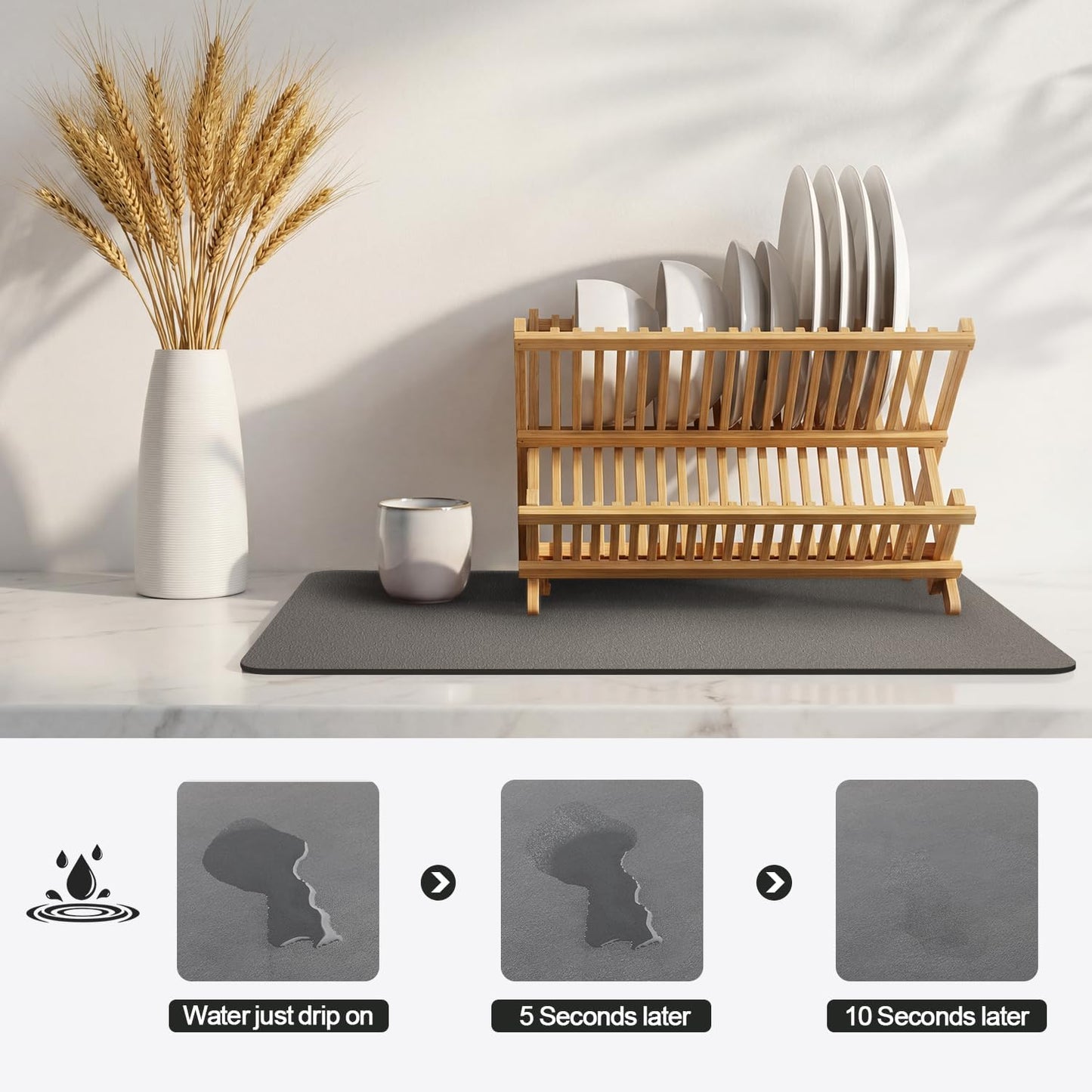 Dish Drying Mat for Kitchen Counter | Coffee Bar Mat for Countertops | Heat Resistant Drainer Mat with Non-slip Rubber Backed | Hide Stain Kitchen Absorbent Draining Mat | Dark Grey 16"x18"