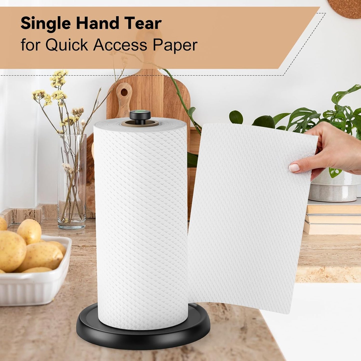 Countertop Paper Towel Holder - One-Handed Tear with Ratchet Mechanism