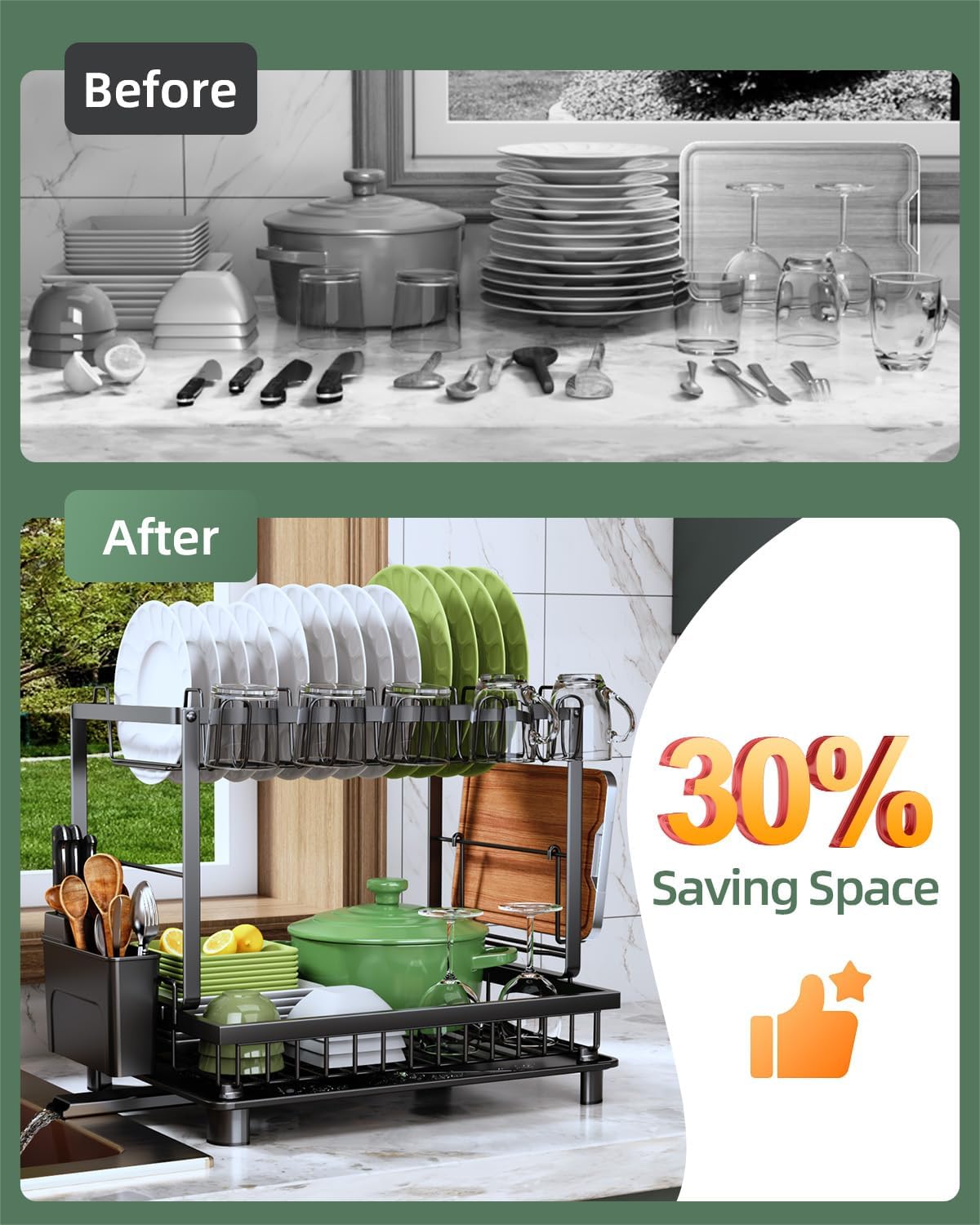Dish Drying Rack, 2 Tier Space-Saving Dish Rack