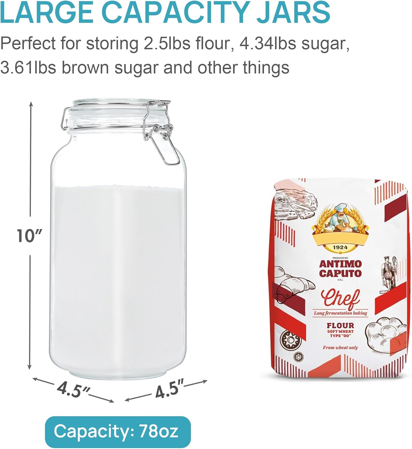 78oz Glass Food Storage Jars with Airtight Clamp Lids, 3 Pack Large Kitchen Canisters for Flour