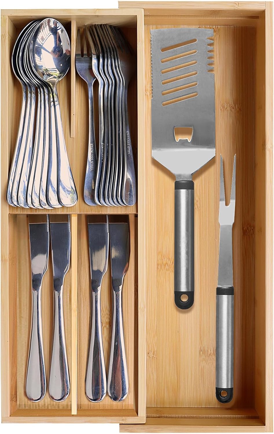 Expandable Bamboo Kitchen Drawer Organizer - Silverware Organizer