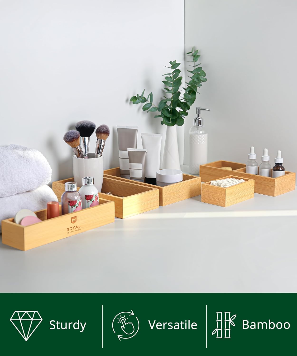 5-Piece Bamboo Drawer Organizer Set – Multi-Use Storage Trays for Kitchen, Bathroom, Office
