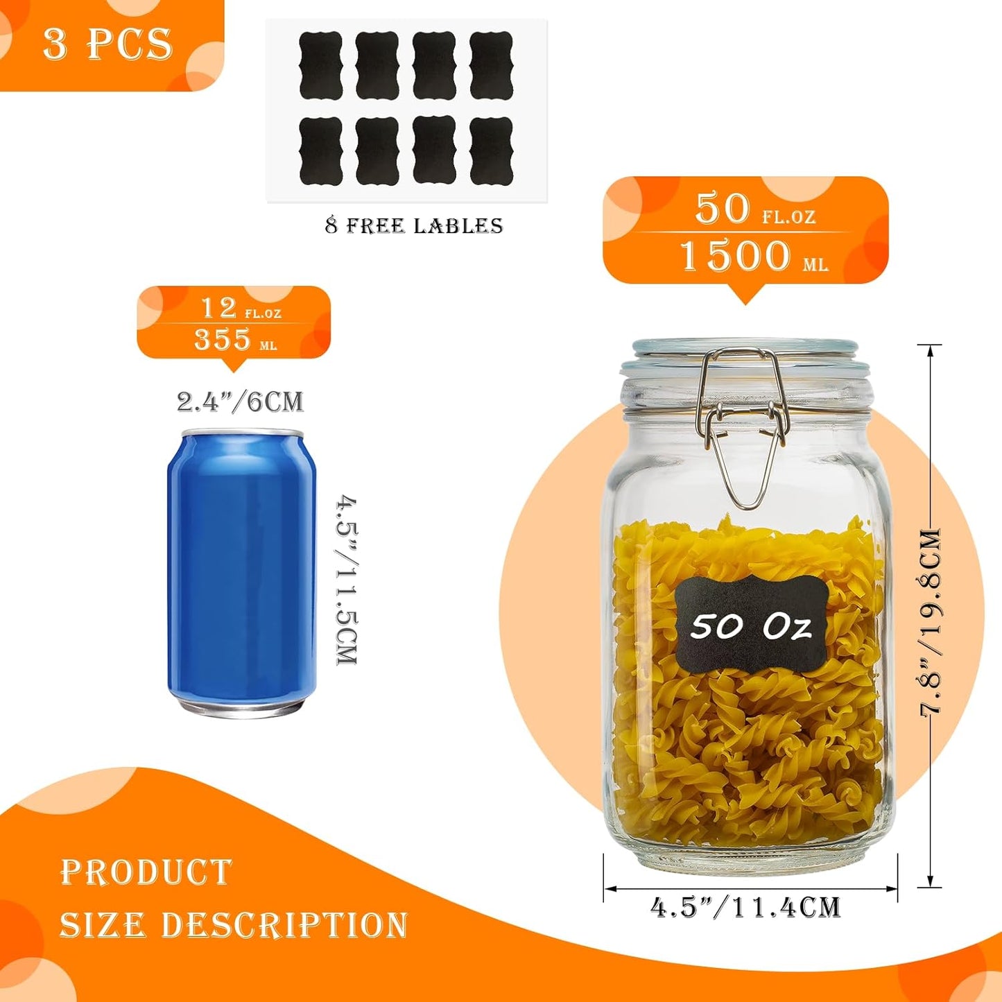50oz Square Glass Food Storage Jars with Airtight Clamp Lids