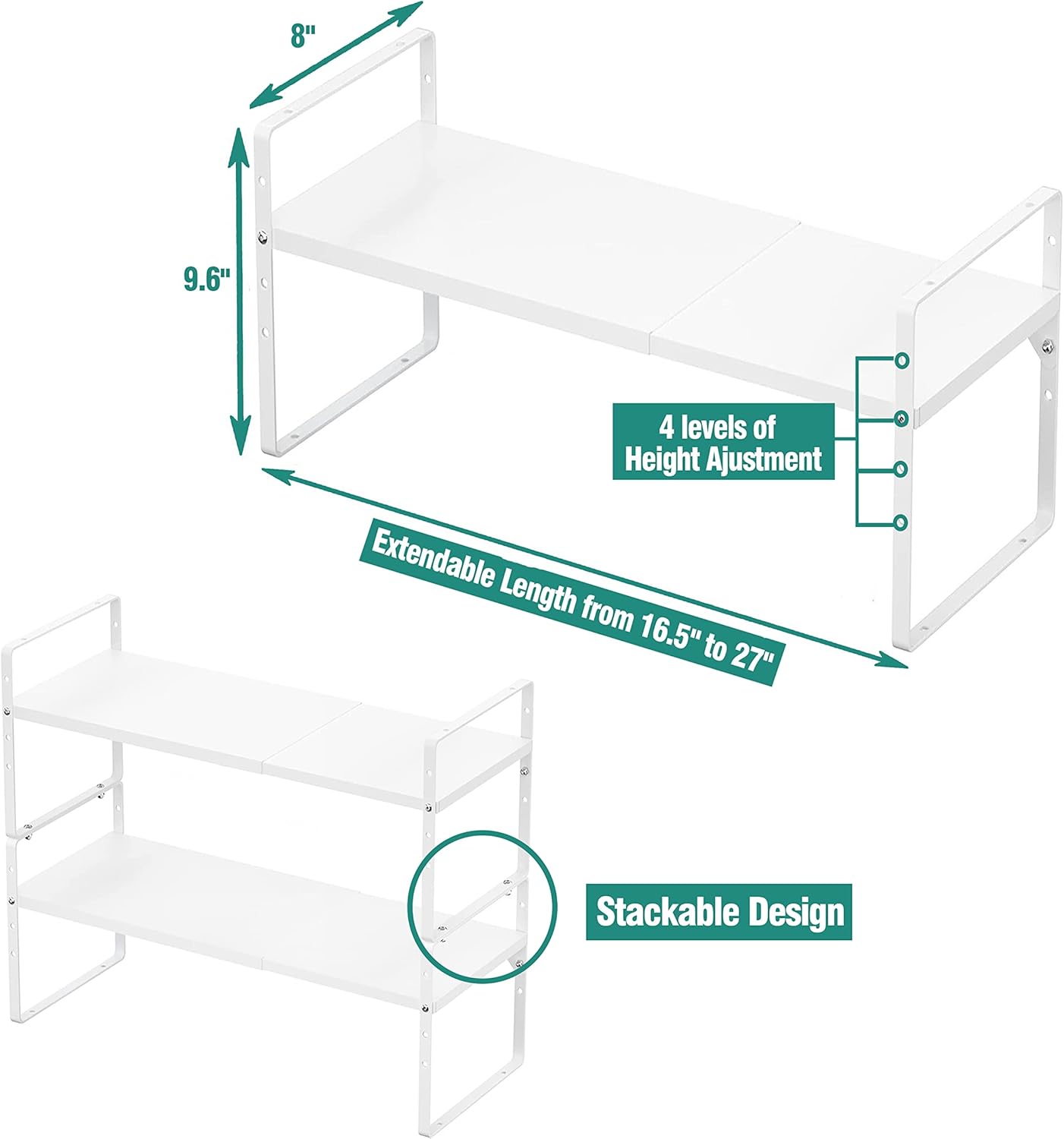 Expandable Cabinet Shelf Organizer Rack, Stackable Kitchen Counter Storage Shelves Stand