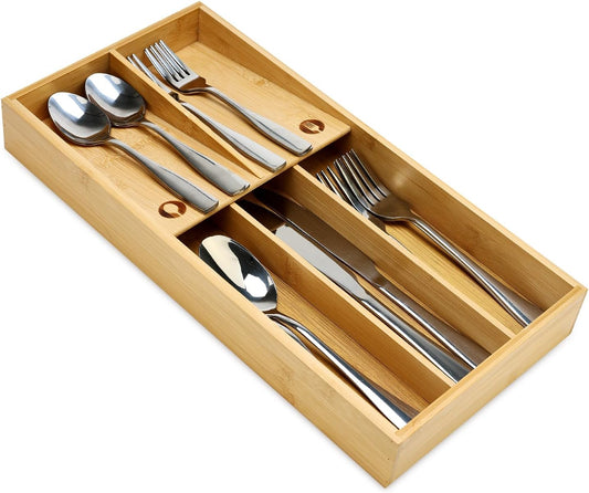 Bamboo Silverware Drawer Organizer Cutlery Tray for Drawer Wood Kitchen Utensil Tray Flatware Caddy Cutlery Holder Utensil Drawers Organizer for Spoon Fork Knives Wooden Silverware Trays