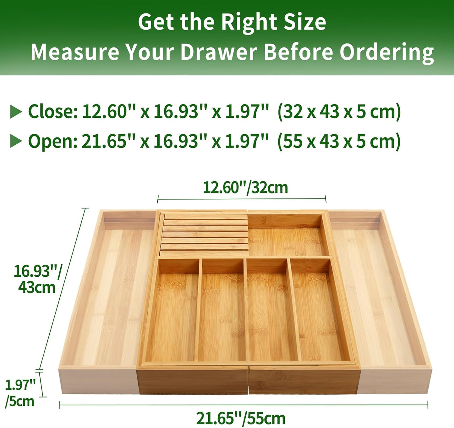 Bamboo Silverware Drawer Organizer Kitchen, Expandable Utensil Organizer with Knife Block